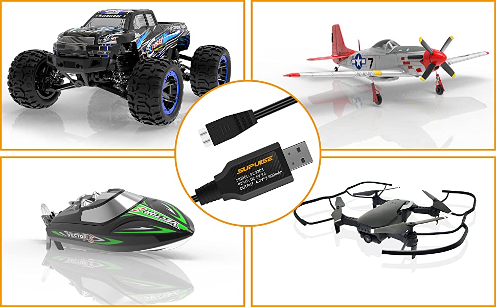 SUPULSE 2pcs USB Charger Cable 2A for 2S 7.4V LiPo Battery with XH-3Pin Plug for RC Boat RC Truck RC Plane