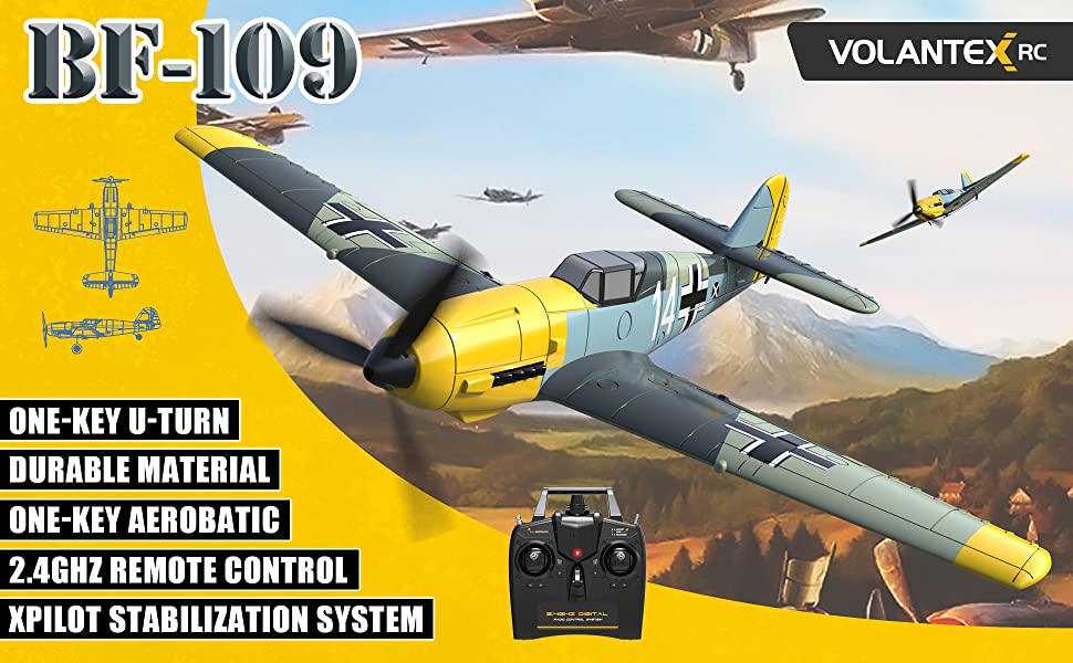 VOLANTEXRC BF 109 4-CH Ferngesteuertes Flugzeug, flugbereit für Anfänger mit Xpilot-Stabilisierungssystem (761-11) RTF