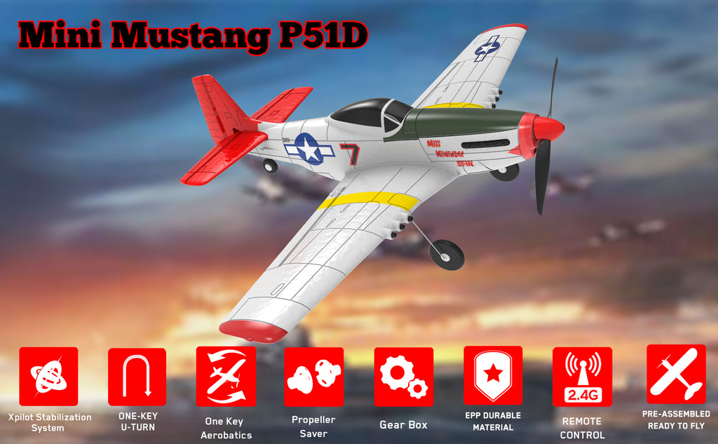 VOLANTEXRC P51D Mustang 4Ch Avions RC débutants avec stabilisateur Xpilot One-key Aerobatic (761-5) RTF