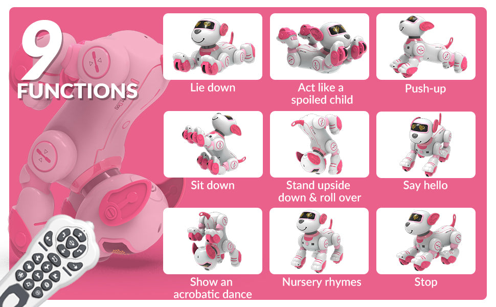 STEMTRON Jouet pour chien robot télécommandé interactif et intelligent programmable pour enfants (rose)