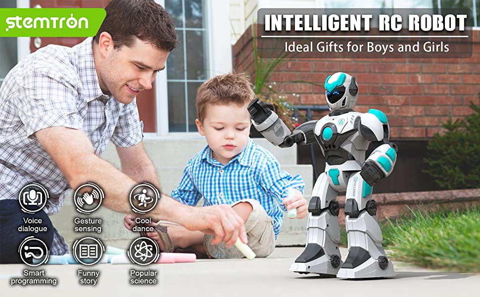 STEMTRON Robot de control remoto inteligente controlado por voz inteligente para niños (blanco)