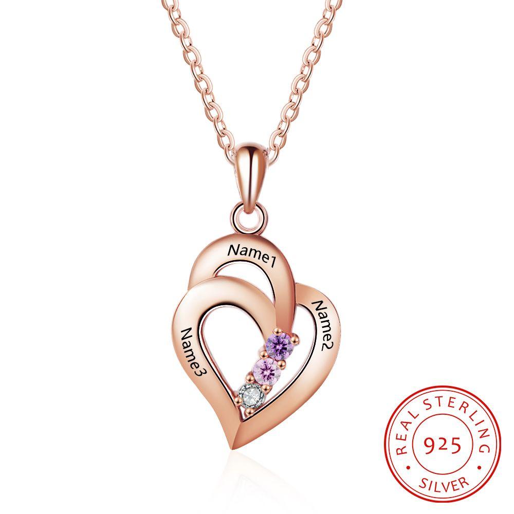 All My Heart Rose Gold Plated Sterling Silver Necklace - 3 Birthstone & Custom Names