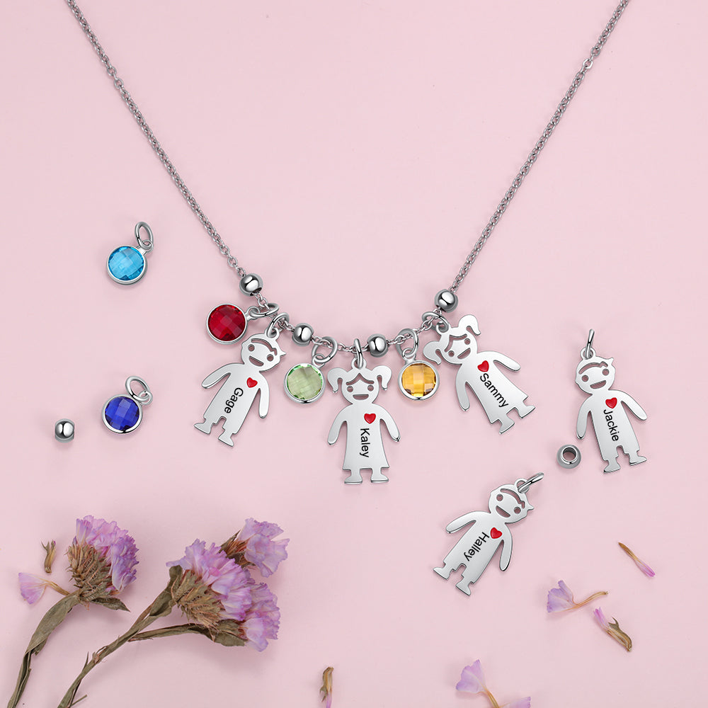 My Children Engraved Stainless Steel Necklace - 2 Custom Name & Birthstones