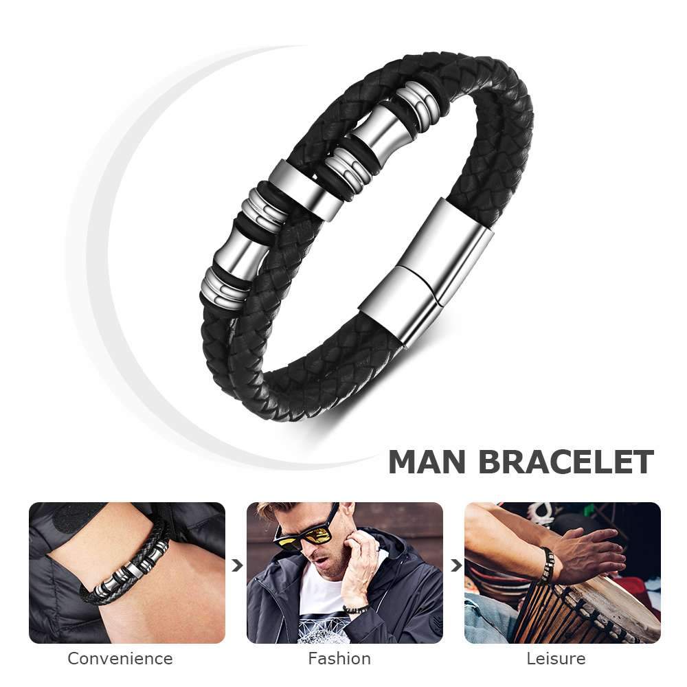 Stainless Steel Bracelet Men Black Leather Bracelets & Bangle Man Jewelry Accessories Bracelet Gifts for Men