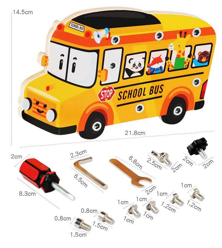 Juego de simulación de autobús escolar de madera para niños, con reparación, desmontaje y montaje de tuercas | Shinymarch