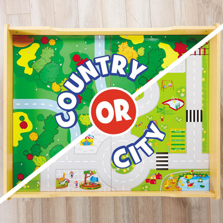 Reversable play mat lets kids design city or country railroad
