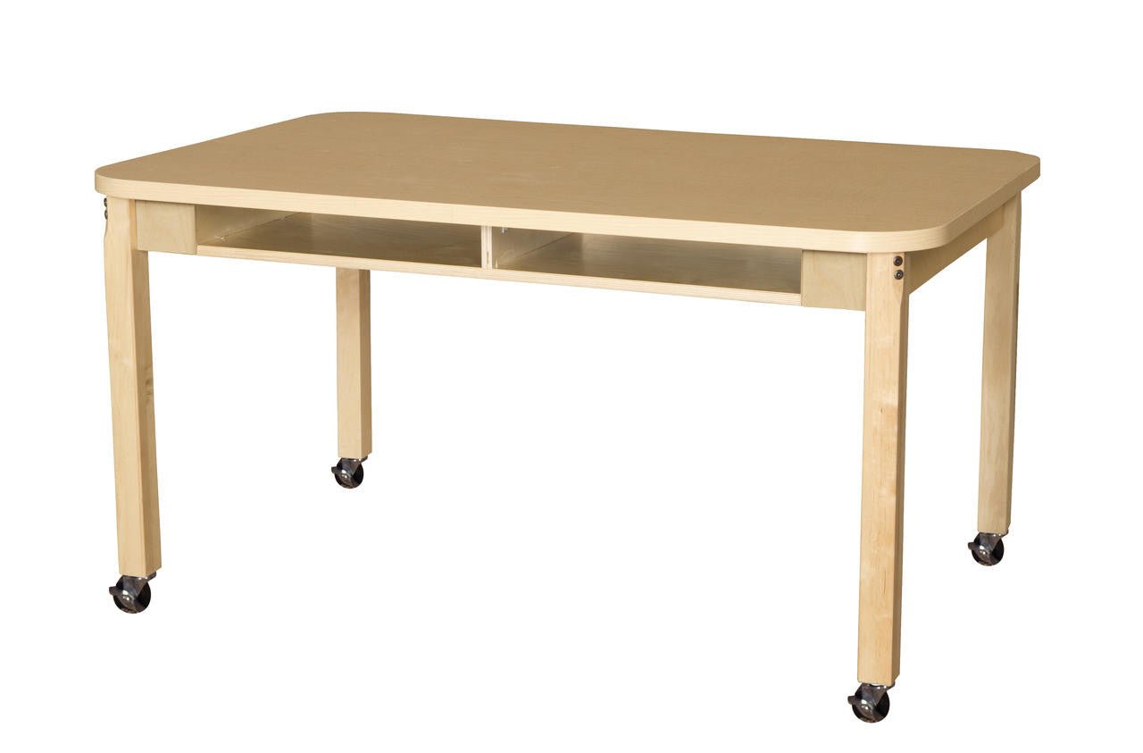 Mobile Two Seater High Pressure Laminate Desk with Hardwood Legs- 14