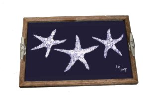 Navy White Starfish Driftwood Tray
