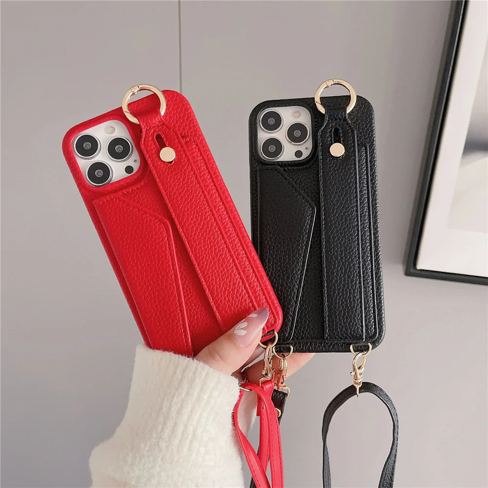 Luxury Card Holder Wrist Strap Wallet Leather Case For iPhone