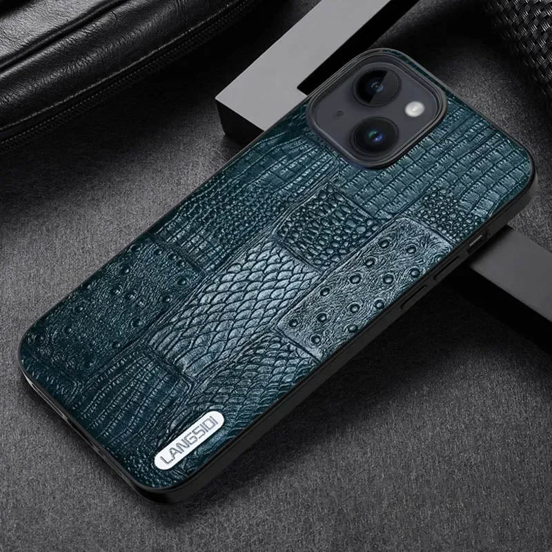 Genuine Cowhide Leather Business Splicing Color Shockproof Armor Phone Case For iPhone