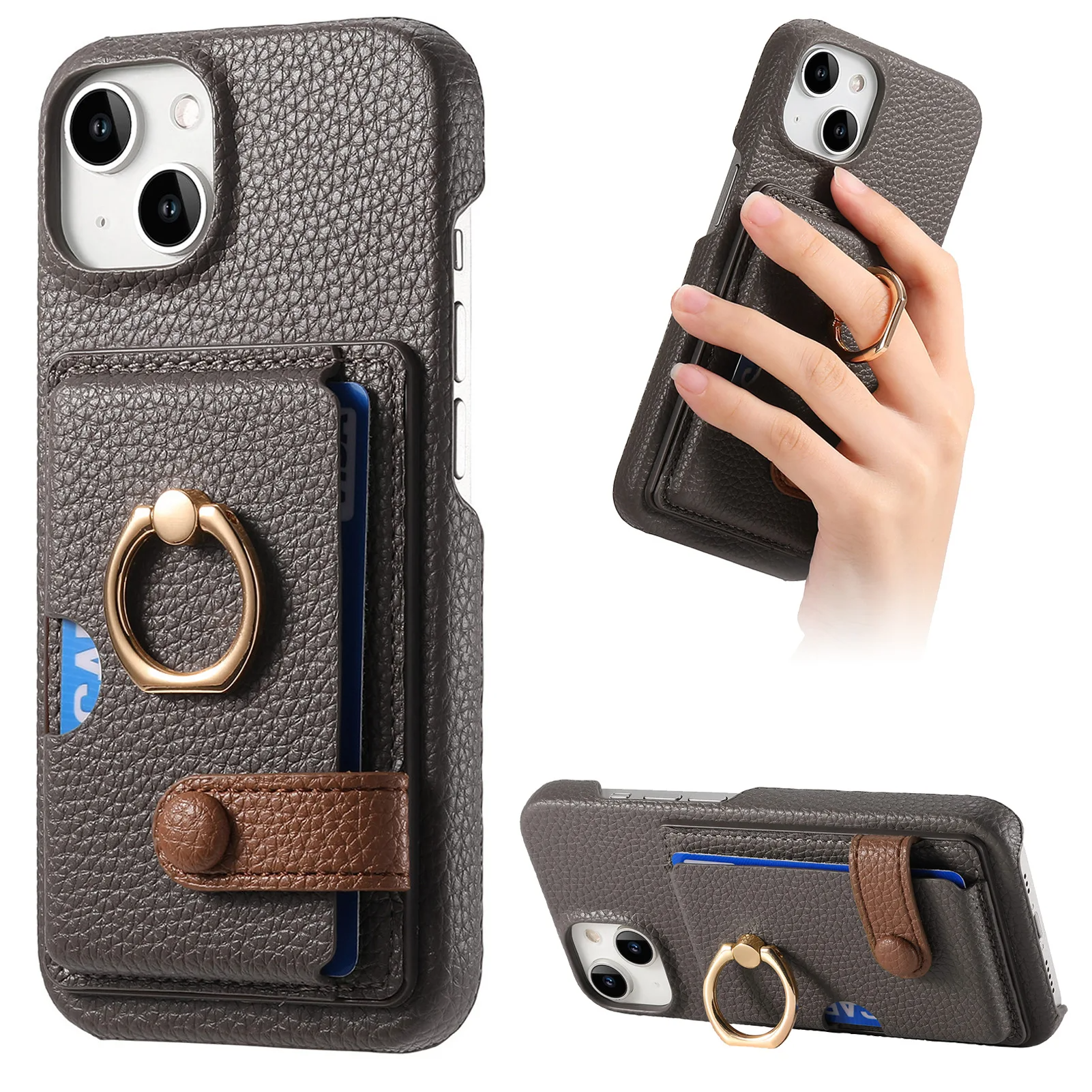 Leather Wallet Ring Holder Case with Card Holder for IPhone