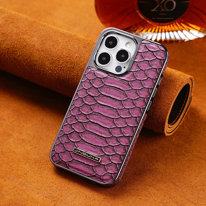 Luxury Python Texture Leather Phone Case For iPhone with Built-in Flannel