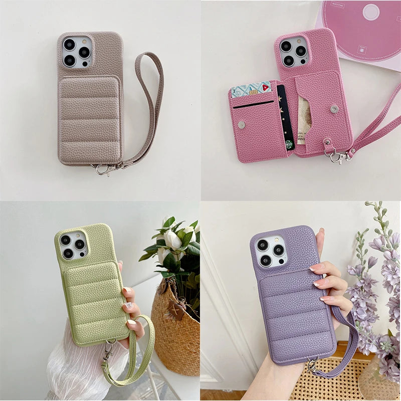 Litchi Patterned Wallet Phone Case with Wrist Strap for iPhone