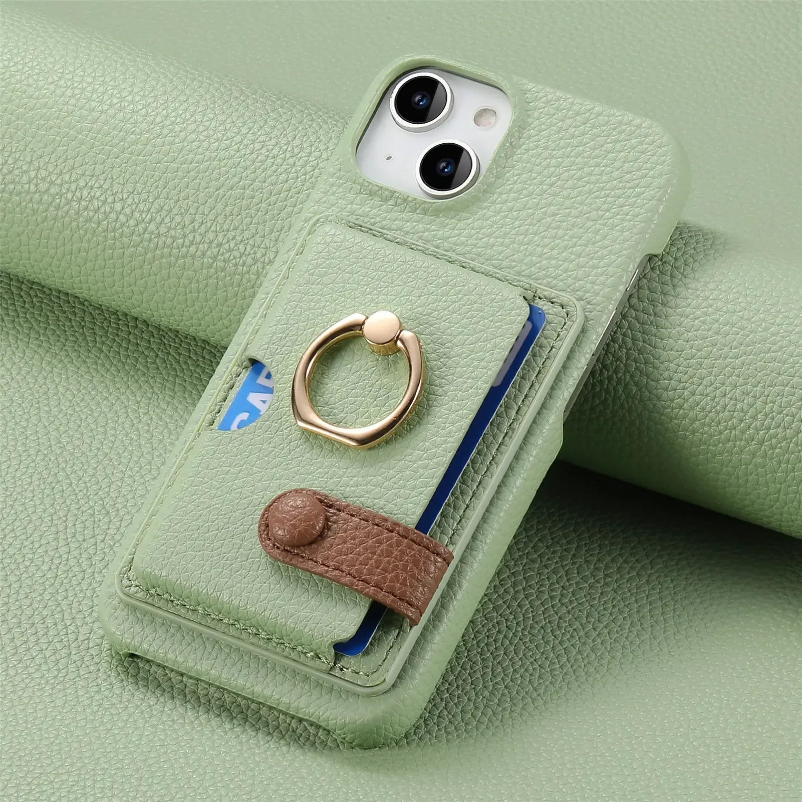 Leather Wallet Ring Holder Case with Card Holder for IPhone