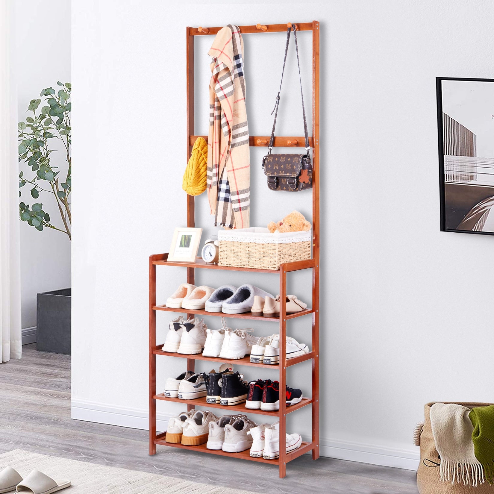 Bamboo Standing Clothing Rack with Shoe Storage Shelves SKU 35023