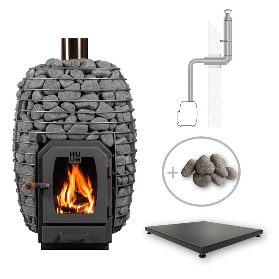 HUUM HIVE 17kW Wood Burning Sauna Stove Package w/ Chimney Out The Wall & Floor Protection and Stones