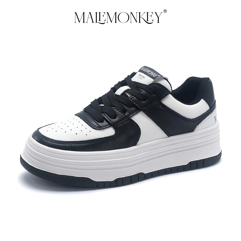 MALEMONKEY Casual Sneakers Women Leather Lace-up Flats Platform Round Toe Ladies Shoes Comfortable Breathable Trainers Handmade
