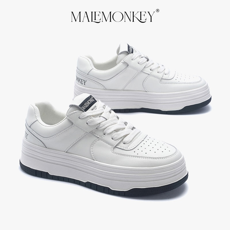 MALEMONKEY Casual Sneakers Women Leather Lace-up Flats Platform Round Toe Ladies Shoes Comfortable Breathable Trainers Handmade