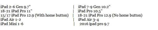 ipad device size and model chart