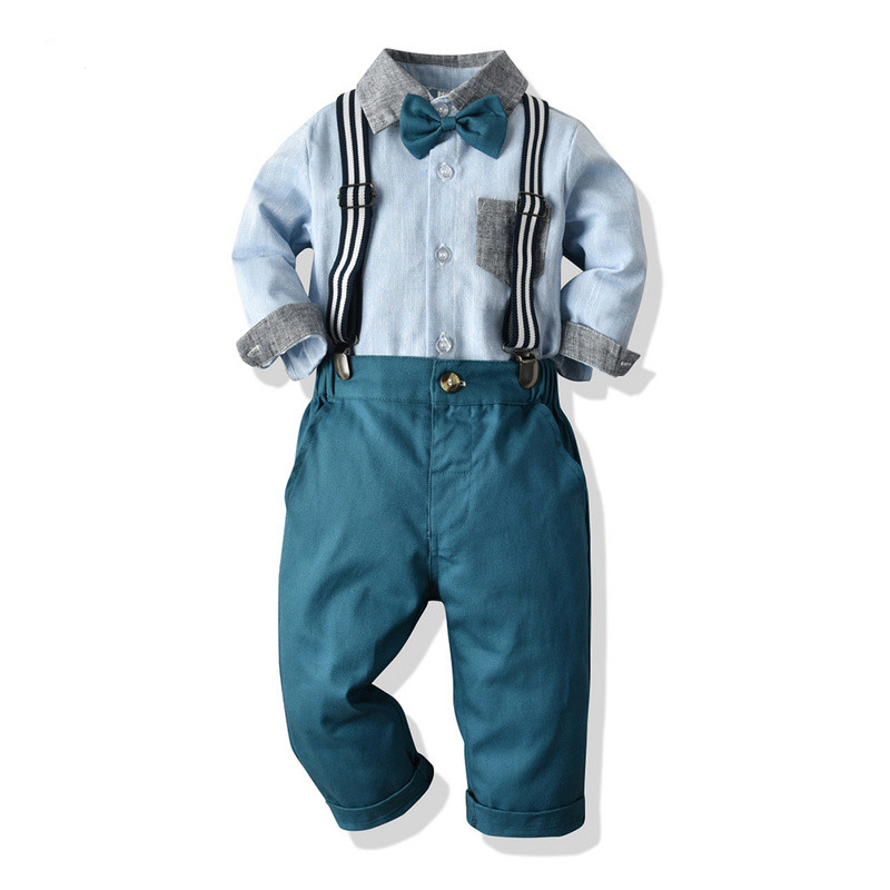 Kid Boy Set Cotton Long Sleeve Bowtie Shirt Tops+Suspender Suits