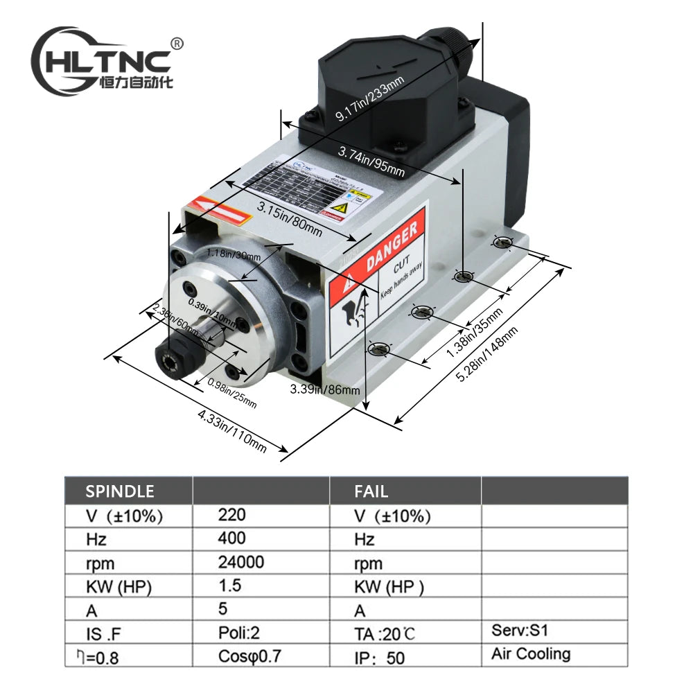 1.5KW Air Cooling Square Spindle 110V 220V 380V 3phase 24000RPM ER11 With Terminal Box or Aviation  for CNC Engraving Router