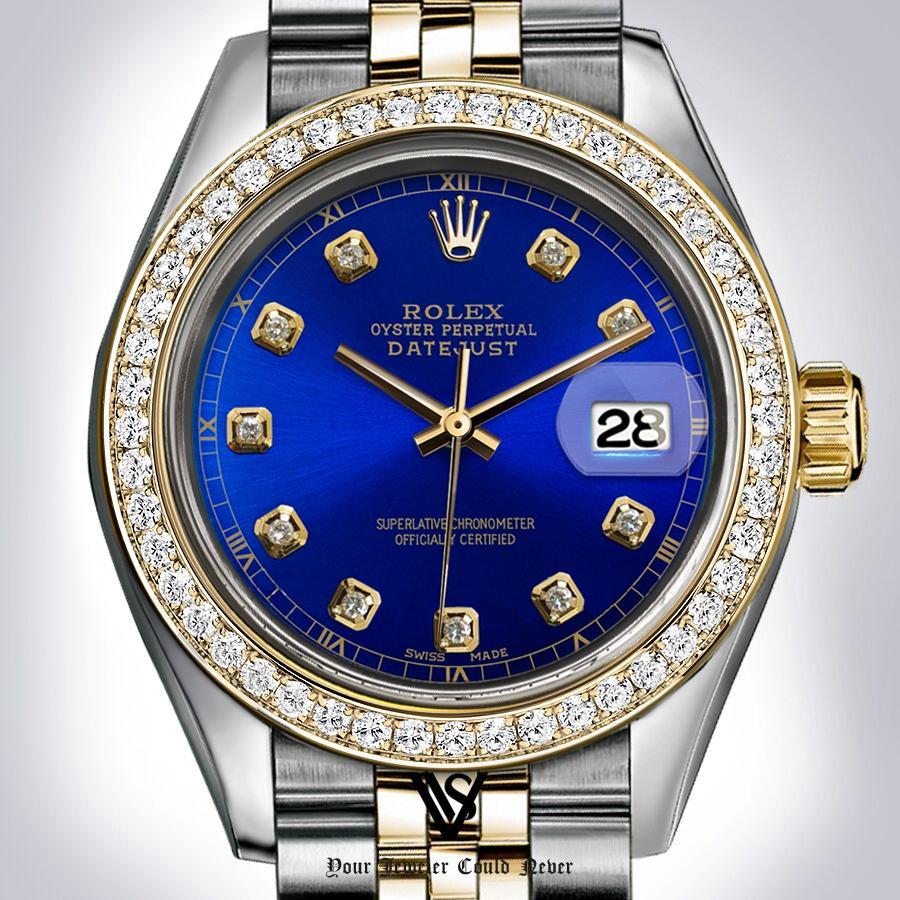 Preowned Rolex - 36mm Datejust Authentic Royal Blue Diamond Track Dial with Diamond Bezel Two-tone 18K Yellow Gold & Stainless Steel Jubilee