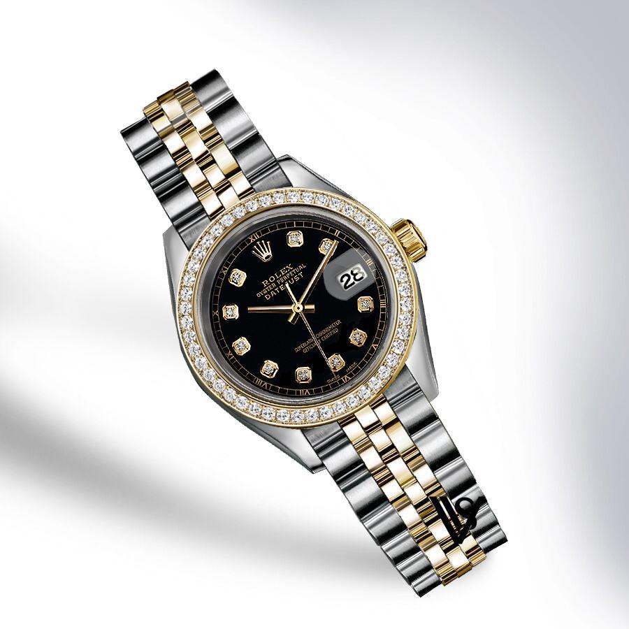 Preowned Rolex - 36mm Datejust Black Diamond Track Dial with Diamond Bezel Two-tone 18K Yellow Gold & Stainless Steel Jubilee