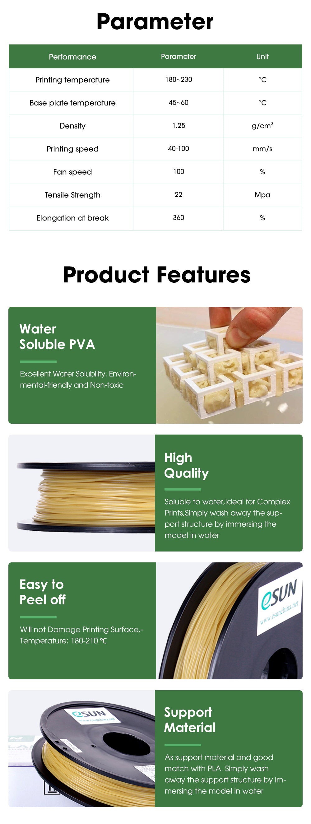 WISEPRO eSUN 1.75mm PVA Water Soluble 3D Printer Filament