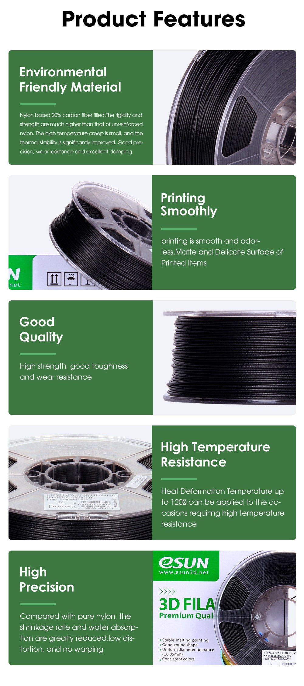 WISEPRO eSUN 1.75mm ePA-CF Carbon Fiber Filled Nylon 3D Printer Filament