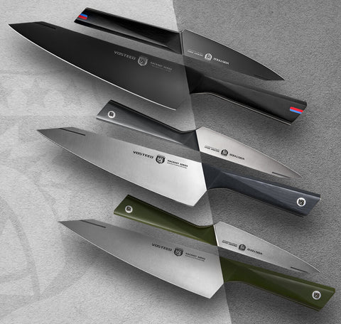 VOSTEED Hackney Series premium chef knives in three color variants - black, silver, and olive green handles - showcasing professional-grade kitchen knives with distinctive angular blade designs