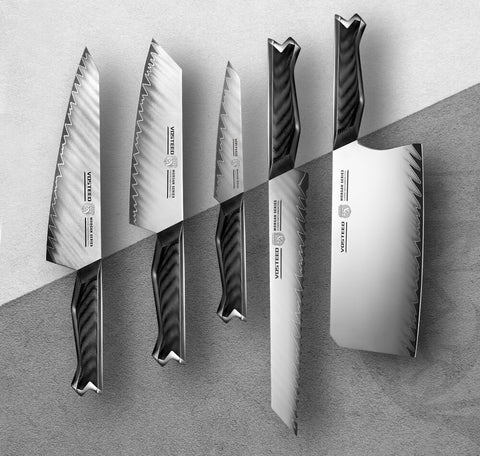 Detailed comparison of Japanese knife styles featuring the VOSTEED Morgan Series Kiritsuke Chef Knife with distinctive patterned blade, labeled to show differences between Japanese Kiritsuke, Morgan chef knife, and standard chef knife designs