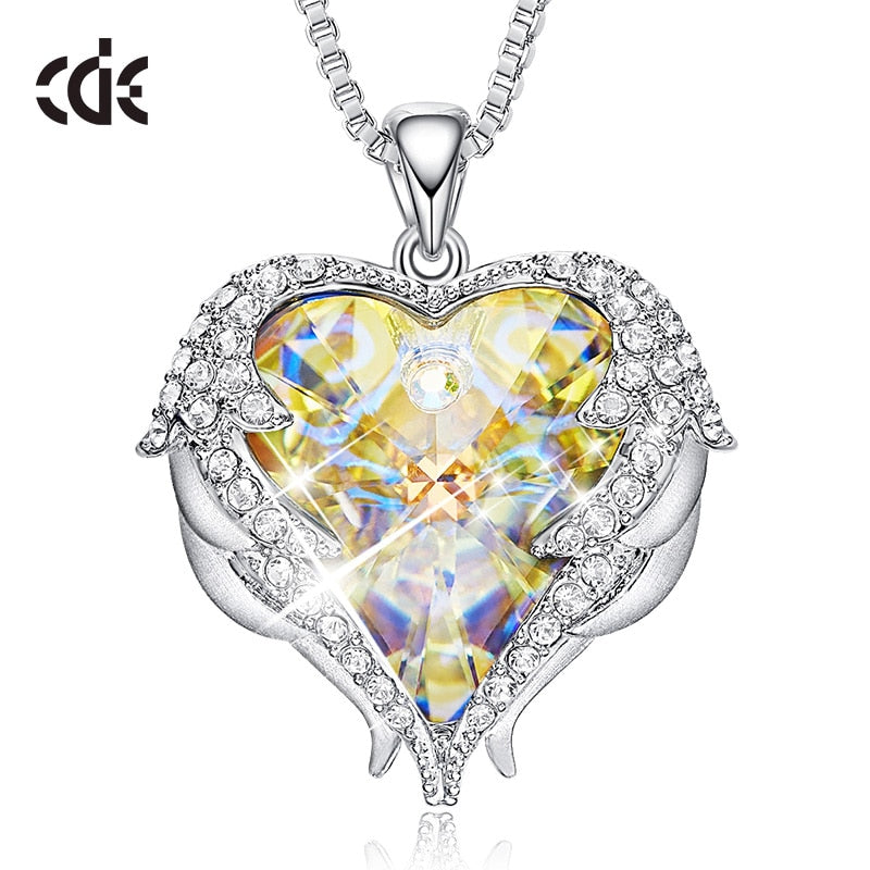 CDE Women Silver Color Necklace Embellished with Crystals Necklace Angel Wings Heart Pendant Valentines Gift