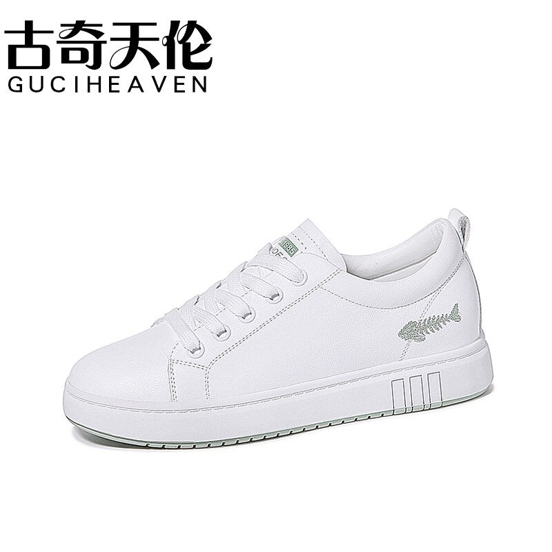 Ladies round toe platform low-top shoes, fish bone embroidery casual white shoes