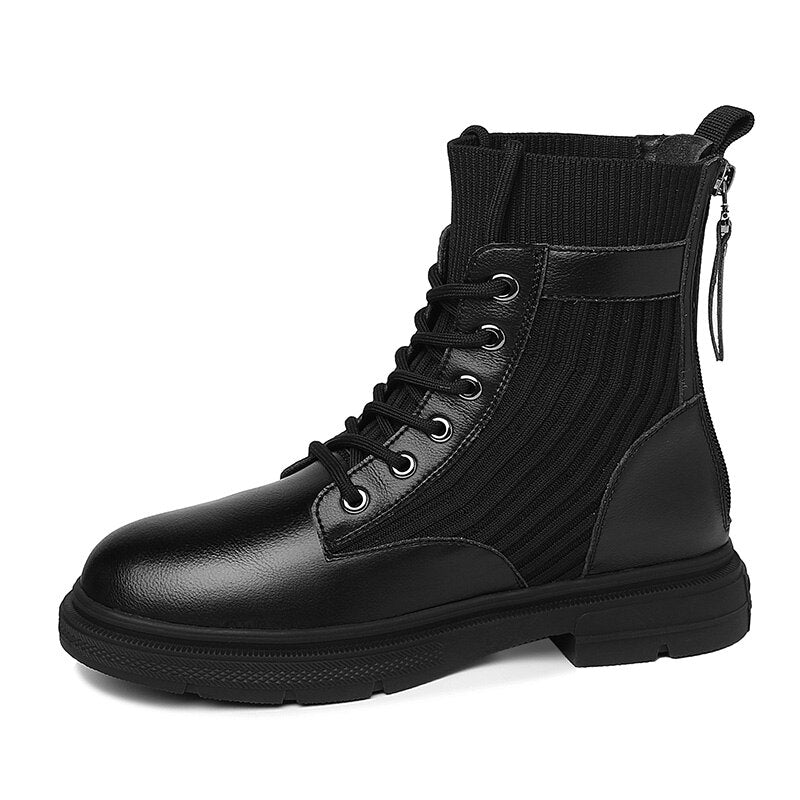 Ladies Autumn Round Toe Zipper Lace-up Martin Boots Handsome Locomotive Elastic Boots