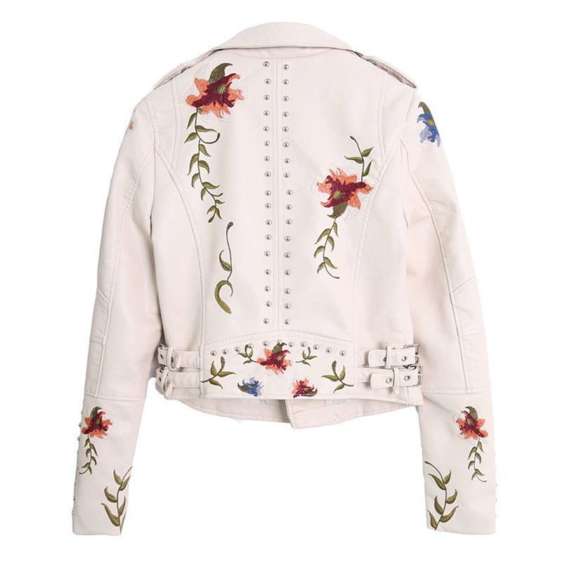 Ftlzz Women Floral Print Embroidery Faux Soft Leather Jacket Coat  Turn-down Collar Casual Pu Motorcycle Black Punk Outerwear