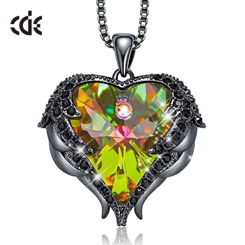 CDE Women Silver Color Necklace Embellished with Crystals Necklace Angel Wings Heart Pendant Valentines Gift