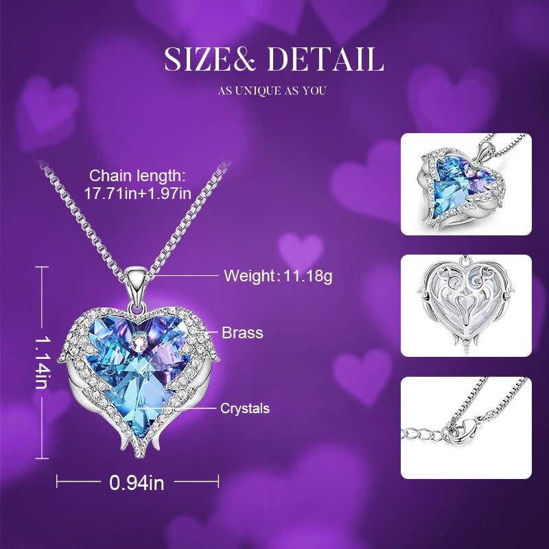 CDE Women Silver Color Necklace Embellished with Crystals Necklace Angel Wings Heart Pendant Valentines Gift