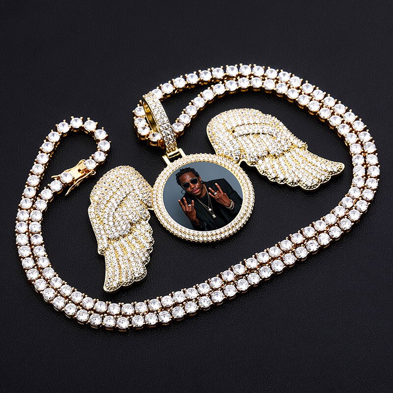 TOPGRILLZ New Angel Wings Custom Photo Medallion Pendant And Necklace Iced Out  Cubic Zirconia Pendant Hip Hop Jewelry Gift