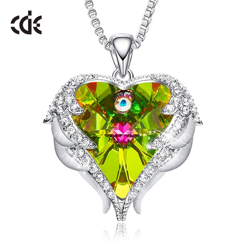 CDE Women Silver Color Necklace Embellished with Crystals Necklace Angel Wings Heart Pendant Valentines Gift