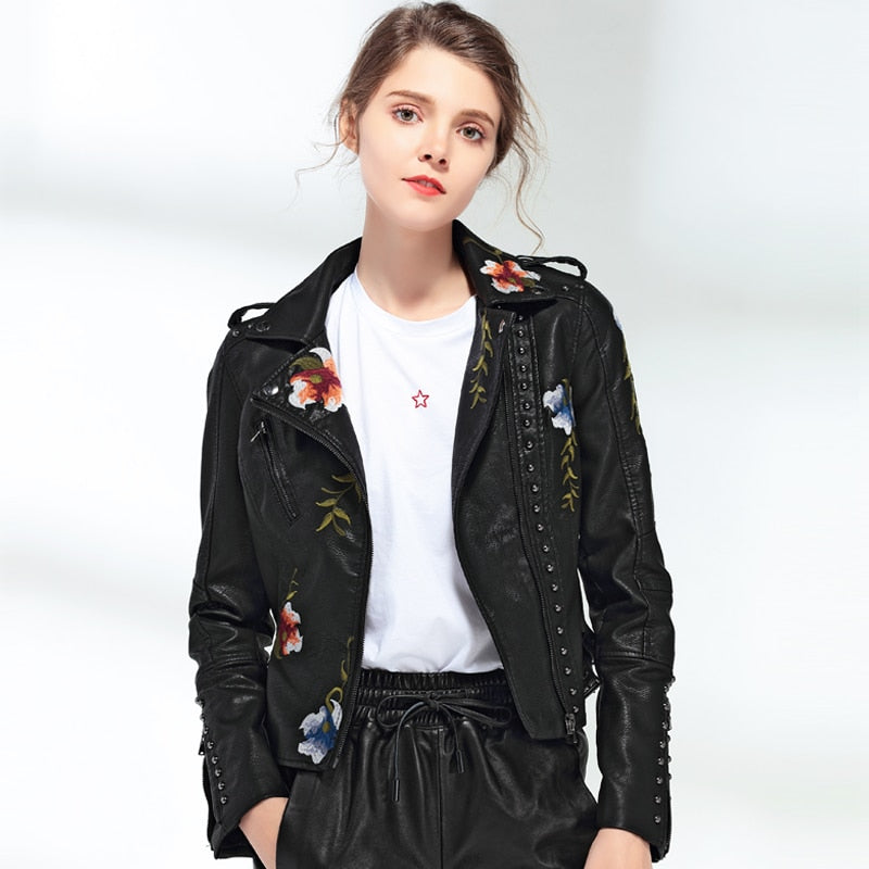 Ftlzz Women Floral Print Embroidery Faux Soft Leather Jacket Coat  Turn-down Collar Casual Pu Motorcycle Black Punk Outerwear