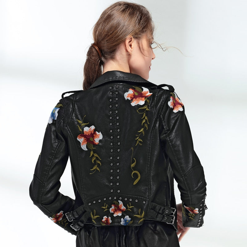 Ftlzz Women Floral Print Embroidery Faux Soft Leather Jacket Coat  Turn-down Collar Casual Pu Motorcycle Black Punk Outerwear