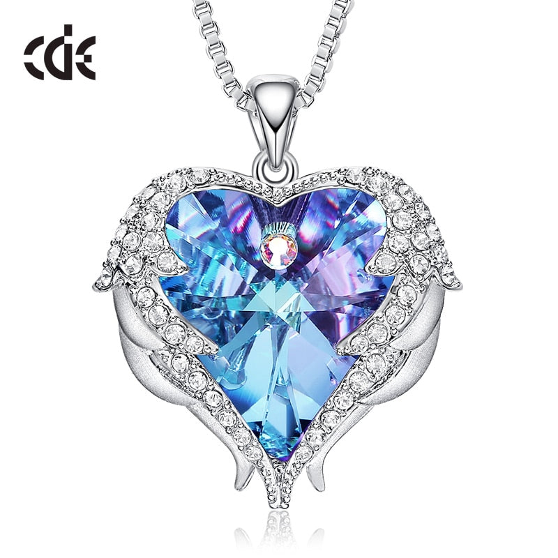 CDE Women Silver Color Necklace Embellished with Crystals Necklace Angel Wings Heart Pendant Valentines Gift