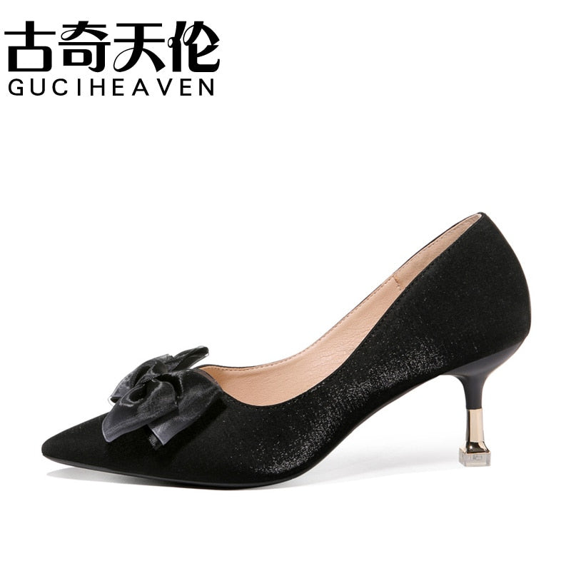 Ladies summer pointed toe pump low-top shoes, bow-knot decorated high heels