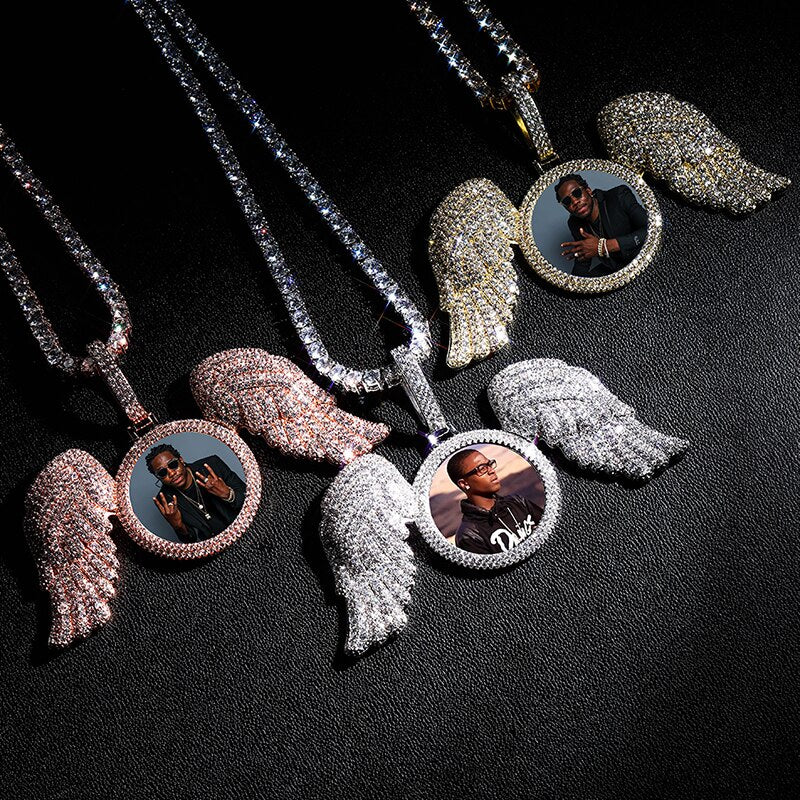 TOPGRILLZ New Angel Wings Custom Photo Medallion Pendant And Necklace Iced Out  Cubic Zirconia Pendant Hip Hop Jewelry Gift