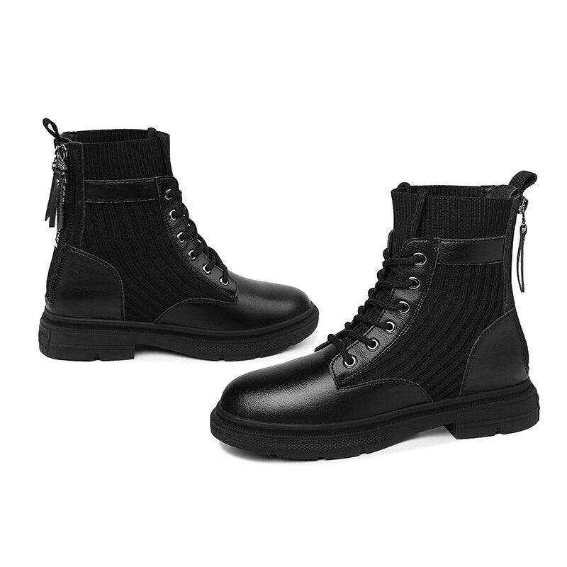 Ladies Autumn Round Toe Zipper Lace-up Martin Boots Handsome Locomotive Elastic Boots