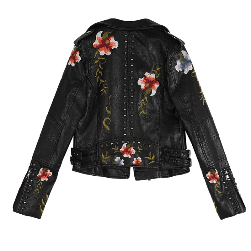 Ftlzz Women Floral Print Embroidery Faux Soft Leather Jacket Coat  Turn-down Collar Casual Pu Motorcycle Black Punk Outerwear