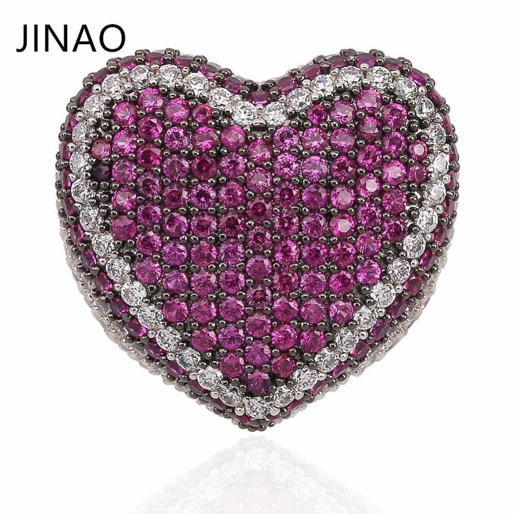 New Fashion Copper Silver Plated Ring Exaggerate High Quality Iced Out CZ Stone Heart Shape Ring Hip Hop Jewelry Men Women Gift