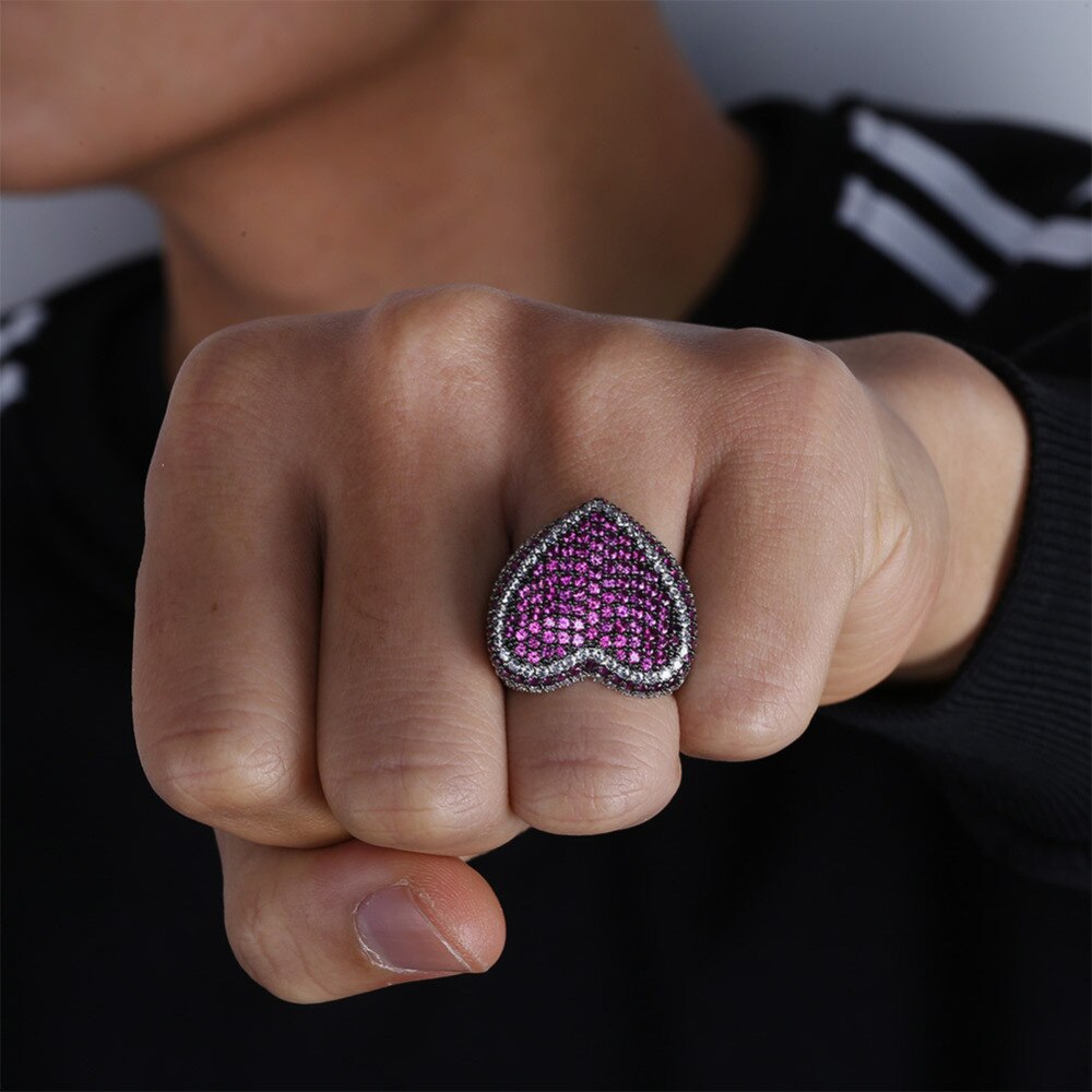 New Fashion Copper Silver Plated Ring Exaggerate High Quality Iced Out CZ Stone Heart Shape Ring Hip Hop Jewelry Men Women Gift