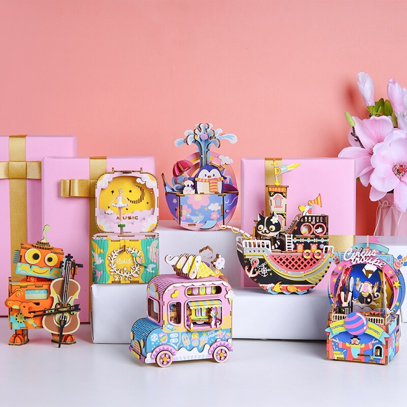 Robotime New Arrival DIY 3D Kitty Ballet Wooden Puzzle Game Assembly Moveable Music Box Toy Gift for Children Kids Adult AMD