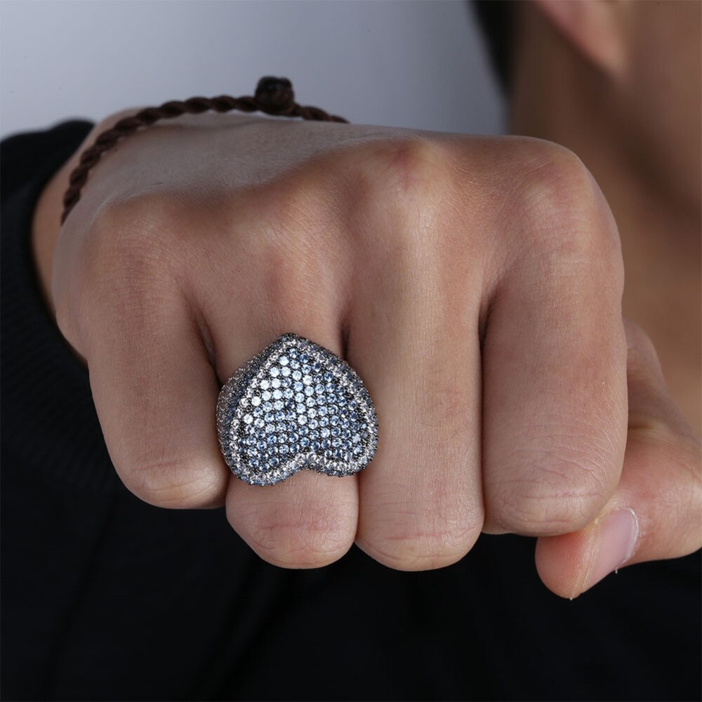 New Fashion Copper Silver Plated Ring Exaggerate High Quality Iced Out CZ Stone Heart Shape Ring Hip Hop Jewelry Men Women Gift